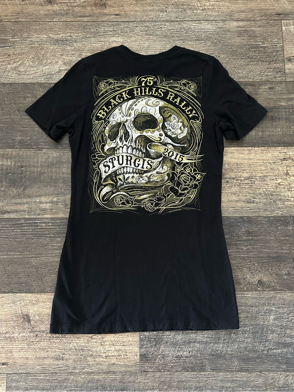 Sturgis Black Hills Rally 2015 Motorcycle Women’s Black T Shirt Skull Sz Medium